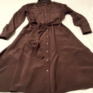 Midi Ralph Lauren Choco 100% Silk Shirt Dress M